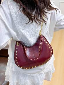Punk Street Style Rivet Adjustable One Shoulder Crossbody Saddle Bag For Women - Burgundy - View 3