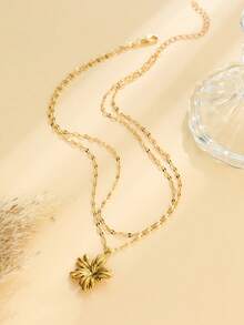 1 件不锈钢 18K 镀金双层花卉吊坠项链，优雅百搭的女士日常装饰 - 金色 - 查看 5