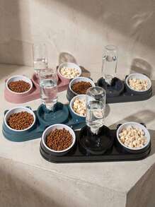 PETSIN 2-In-1 Cat Feeder And Water Dispenser Set, Featuring Dry And Wet Separation Design, Durable Plastic Material Easy To Clean, Tilted Design To Protect Pets' Neck. This Feeder, Water Dispenser And Cat Bowl Set Is Suitable For Cats And Small Dogs, An Ideal Choice To Provide Sufficient Water And Healthy Diet For Multiple Pets. - Multicolor - View 1