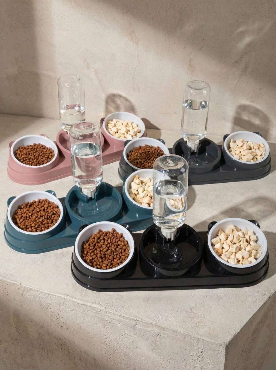 PETSIN 2-In-1 Cat Feeder And Water Dispenser Set, Featuring Dry And Wet Separation Design, Durable Plastic Material Easy To Clean, Tilted Design To Protect Pets' Neck. This Feeder, Water Dispenser And Cat Bowl Set Is Suitable For Cats And Small Dogs, An Ideal Choice To Provide Sufficient Water And Healthy Diet For Multiple Pets. - Multicolor - View 1