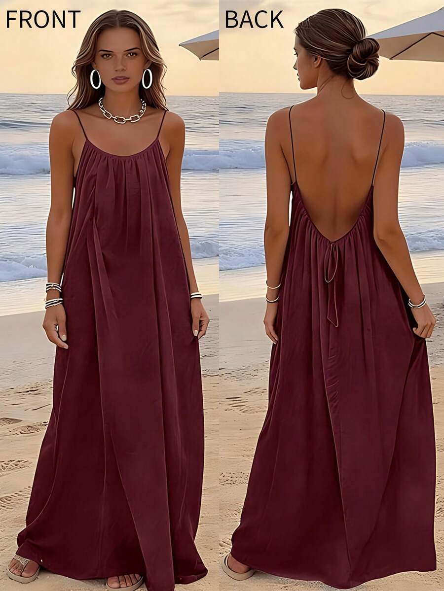 Womens Summer Casual Sleeveless Backless Cami Sundress 2026 Vacation House Dress - Màu Đỏ Sâu - Xem 1