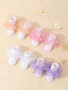 4 Pairs Girls' Sweet Cute Solid Ruffle Trim White Ankle Socks, Suitable For Girls' Daily Life And Outdoor Activities - Multicolor - View 3