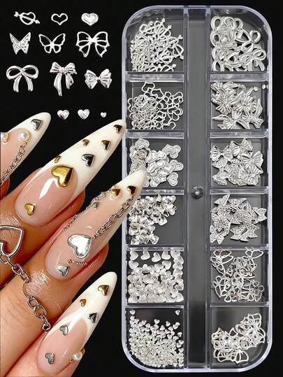 12Grids Silver Heart-Shaped Butterfly Nail Art Pieces, Including Various Heart-Shaped Butterfly Designs And Sizes. Adorable Y2K Nail Art Designs For DIY Nail Salon Decorations.