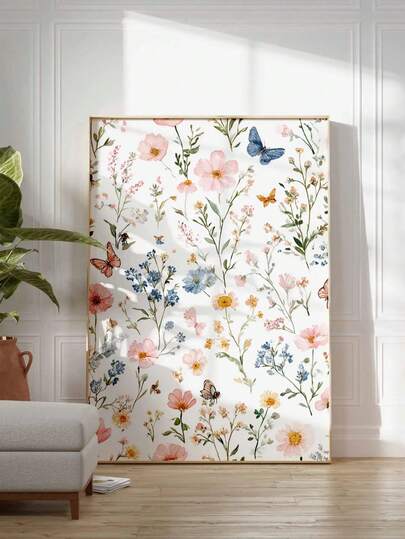 1pc, Canvas Wall Art, Framed Wall Art, Wildflower Poster, Botanical Wall Art, Watercolor Floral Prints, Rustic Home Decor, Butterfly Bee Floral Artwork, Spring Home Decor, Spring Decorations, Room Decor Aesthetics, Dorm Room Decor, Bedroom Decor, Living Room Decor, Bathroom Decor, Kitchen Decor, Apartment Decor, Office Decor, Mother's Day Decor