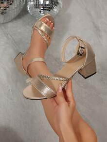 2026新款粗跟黑色凉鞋，优雅中跟时尚女式高跟鞋，夏季 - 金色 - 查看 2