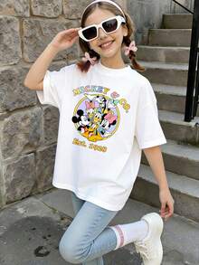 Disney Summer Tops,  Print Graphic Tee, Perfect For Cute Girls. Teen Girl Gift,Comfortable And Breathable Children's Short-Sleeved T-Shirt. 180g Pure Cotton Children's Clothes,Suitable For Both Boys And Girls.Suitable For Daily Wear, Vacations, Outdoor Activities, And As A Children's Gift. - 白色 - 查看 3