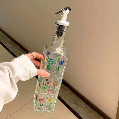 家用厨房方形玻璃油壶，复古手绘浮雕醋瓶、酱油瓶、调味瓶，带油嘴，防漏防滴漏，浮雕设计，适合厨房软装