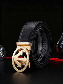 Men's Textured PU Belt With Arrow Round Automatic Buckle, Available In Gold, Silver And Black Plating. It Features An Adjustable Ratchet Design, Classic Business-Casual Style, And Is An Ideal Gift For Father's Day And Anniversaries. - Multicolor - View 12