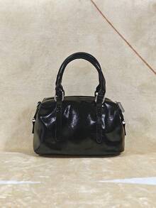 2025新款纯色软PU奢华手提包，时尚复古日常及节日礼品托特包，女士 - 黑色 - 查看 3