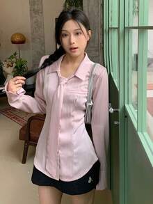 Y2K风格女式衬衫，粉色条纹不对称下摆长袖翻领上衣，适合上学和休闲穿着（配系带）春季款 - 粉色 - 查看 5
