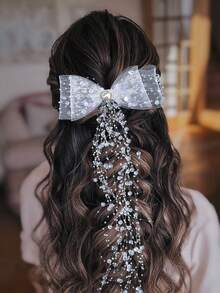 1pc Handmade Bow Pearl Tassel Hair Clip Headband, Bridal Wedding Accessory Suitable For Party, Photography, Daily Wear - Silver - View 5