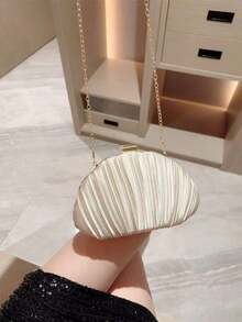 OpulAura Women's Elegant/Luxury Pleated Satin Box-Shaped Clutch Bag, Romantic Wedding Purse, Charming/Refined Evening Dress Bag, Minimalist White Box Handbag With Detachable Chain, Suitable As Holiday Gift, Clutch Bag For Wedding - 杏色 - 查看 4