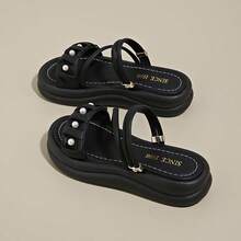 Sandalias de suela gruesa con talón de mujer Sandalias de verano para mujer, recién llegadas, estilo hada, con pliegues y abalorios, suela blanda. Sandalias versátiles para exterior con suela gruesa. Moda casual francesa. Sandalias de doble uso con suela blanda. - Negro - Ver 4