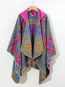 1pc Comfortable Geometric Color Block Jacquard Poncho Shawl - Multicolor - View 12