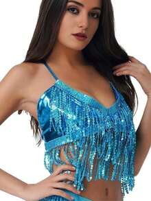 1pc Glitter Fringe Belly Dance Costume Set, Bohemian Vintage Style, Suitable For Festivals, Parties, Nightclubs, Beaches, Exotic Outfit Decor - Multicolor - View 19