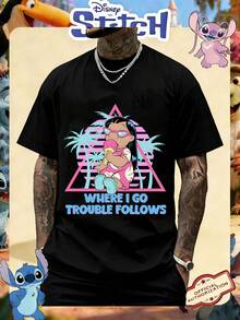 Camiseta de cuello redondo unisex de 220g con estampado retro neón de Lilo y Stitch "Donde voy, el problema me sigue" con licencia oficial de Disney - Negro - Ver 1