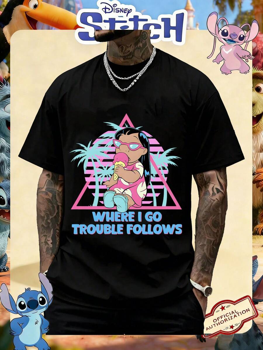 Camiseta de cuello redondo unisex de 220g con estampado retro neón de Lilo y Stitch "Donde voy, el problema me sigue" con licencia oficial de Disney - Negro - Ver 1
