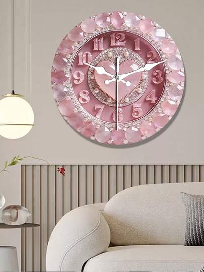 1个粉色爱心宝石主题挂钟 | 静音装饰钟，创意设计，适用于卧室、客厅、办公室装饰，10/12英寸（不含AA电池）