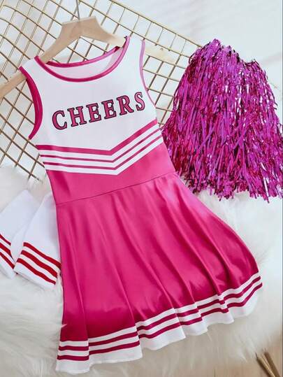 3pcs Cheerleader Performance Outfit Set (Dress, Pom Pom, Socks), Football Babe Gymnastics Bodycon Dress, Fashionable Cute Nightclub Ladies Costume
