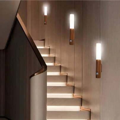 1/2pcs Smart Motion Sensor LED Wall Light, Rechargeable Battery, 3 Color Temperatures, 3 Sensing Modes, Wood Grain Nightlight, Spotlight Illumination, Suitable For Bathroom, Bedroom, Bedside, Bathroom, Corridor, Etc.