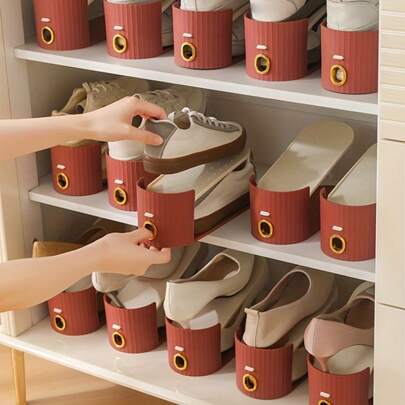 4pcs Shoe Rack, Vertical Stripe With Golden Ring. Stylish Color Scheme. Space-Saving, Solves Messy Issues, Fits All Kinds Of Shoes. Foldable Splicing, Free Combination, Suitable For Living Room, Dormitory, Closet. Durable Pp Material