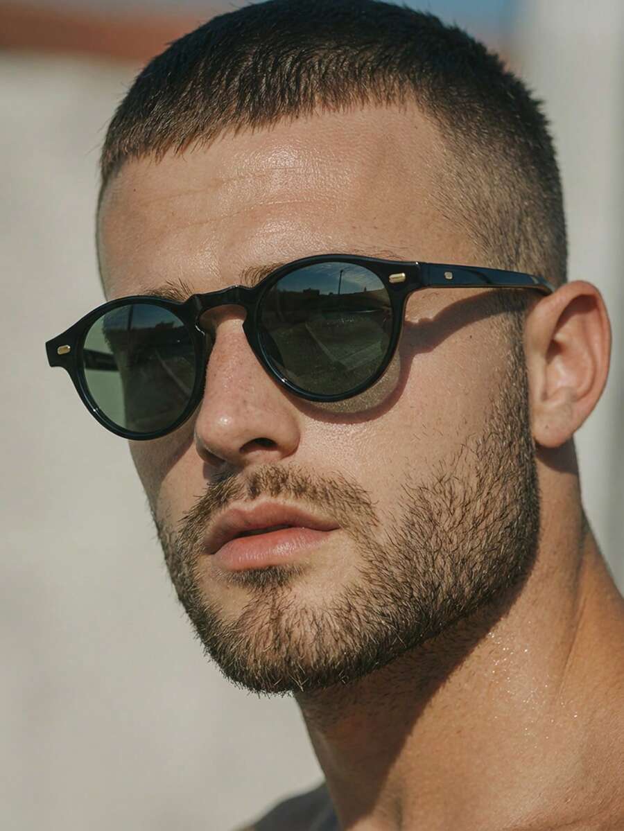 1 par de gafas de moda con montura redonda de PC negra para hombres, de unicolor minimalista, elegantes para uso casual, viajes y vacaciones - Negro - Ver 1