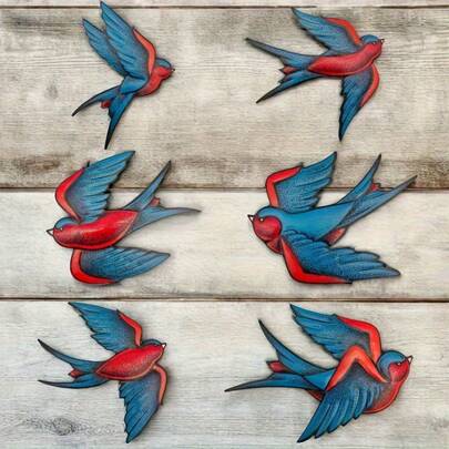 6pcs Wooden Flying Swallow Pattern Outdoor Wall Decor, Nautical Style Coastal Bird Art Decoration, Reusable Vintage Beach Hanging Ornaments - Suitable For Bathroom, Country Villa, Farmhouse, Christmas, Thanksgiving