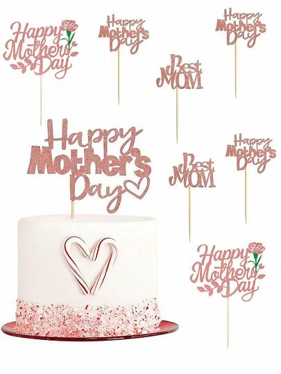 玫瑰金母亲节快乐纸杯蛋糕装饰，母亲节蛋糕装饰，闪亮爱心最佳妈妈蛋糕装饰，玫瑰金最佳妈妈主题派对蛋糕装饰用品，适用于母亲节派对