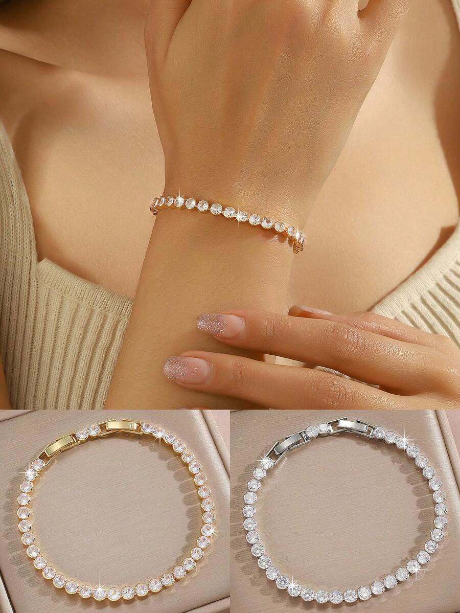 1pc Fashionable Gold Tennis Bracelet, Inlaid With Shiny Cubic Zirconia - Suitable For Women's Daily Wear, Parties And Weddings - Ideal Gift For Her