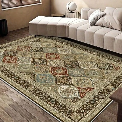 1 件复古棕色、金色、红色和蓝色波斯几何图案地毯。天鹅绒面料，约重 850 克，厚度 0.6 厘米。耐磨、防滑、易清洁。多种尺寸可选。适用于厨房/客厅/餐厅/卧室/阳台/浴室/书房。完美的家居装饰之选。