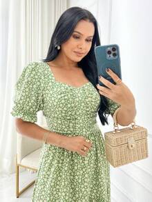 Women's Elegant Puff Sleeves Casual Party Midi Dress - Mint Green - View 2