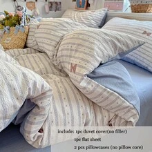 四件套床上用品，卡其色蝴蝶结图案被套，蓝白条纹爱心印花被套，韩式少女风卧室床上用品套装，柔软亲肤，四季皆宜，包含1个被套（不含填充物）、1个床单、2个枕套（不含填充物）。 - 可頌 - 查看 6