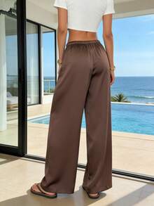 Damen einfarbige Hose mit Tunnelzug in der Taille und geradem Bein ohne Taschen, leichte Lässig-Hose, geeignet für Sommeroutfits im Frühling - Schokoladenbraun - Übersicht 2