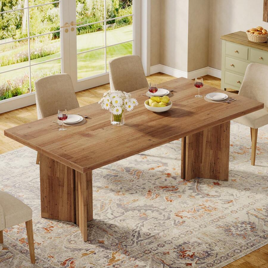 LITTLE TREE 160cm Farmhouse Rectangular Dining Table, 4-6 Seater Wooden Kitchen Table With Large Tabletop & Heavy Duty Legs For Home Dining Room - Light Brown - View 1
