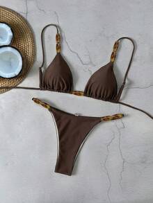 女士优雅比基尼套装，采用细肩带、系带前襟和露背设计，并饰有打结细节，打造时尚造型，是夏季海滩度假的理想之选。 - 咖啡棕 - 查看 2