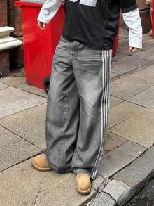 Y2K Side Stripe 5-Stripe Design Loose Wide-Leg Jeans, Street Fashion Pioneering Rock Style Denim Pants - Grey - View 1