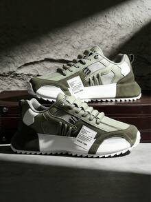 1双男士休闲运动鞋，系带字母图案PU低帮户外多功能滑板鞋，透气徒步鞋 - 綠色 - 查看 7