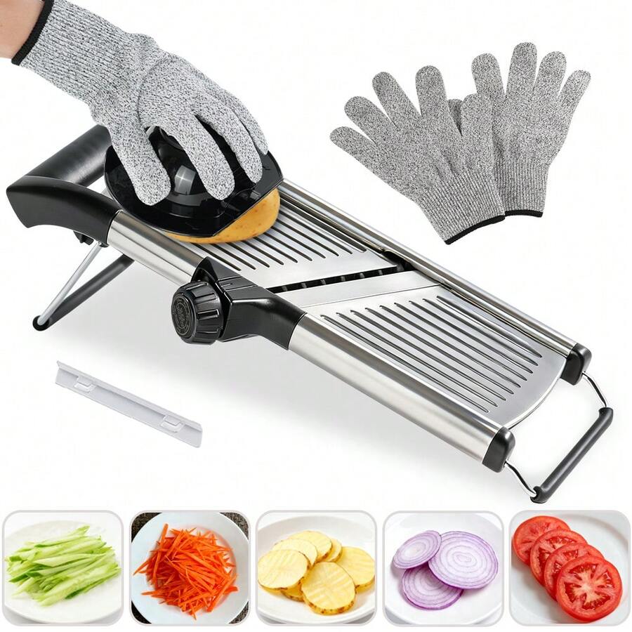 JIASLING Stainless Steel Mandoline, Vegetable Slicer, Potato, Onion, Cucumber, Tomato, Veggie Slicer With Cut-Resistant Gloves - Black - View 1
