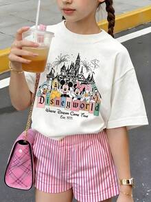 Summer Tops,Disneyworld   Print Graphic Tee, Perfect For Cute Girls. Teen Girl Gift,Comfortable And Breathable Children's Short-Sleeved T-Shirt. 180g Pure Cotton Children's Clothes,Suitable For Both Boys And Girls.Suitable For Daily Wear, Vacations, Outdoor Activities, And As A Children's Gift. - White - View 1