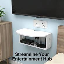 Estantería flotante de 2 niveles con toma de corriente, adecuada para router WiFi, módem, regleta, gestión de cables, sin necesidad de taladrar, organizador blanco para accesorios de TV, consola de juegos, oficina en casa - Ver 2