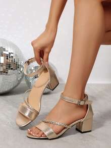 2026新款粗跟黑色凉鞋，优雅中跟时尚女式高跟鞋，夏季 - 金色 - 查看 3