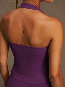 VVX Áo tank top yoga thể thao nữ cổ yếm, đệm ngực tháo rời, hở lưng quyến rũ, phong cách Y2K, thoải mái, thoáng khí, màu trơn, chất mềm, mặc tập gym và thường ngày, phù hợp mọi mùa - Bold Plum - Xem 4
