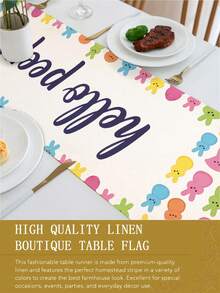 1pc Linen Easter Table Runner, Easter Bunny & Egg Pattern, Warm Floral Design, Available In Multiple Sizes, Suitable For Home Dining, Kitchen Decor, Home Decor, Outdoor Party And Restaurant Decoration, Textured Linen Appearance - Multicolor - View 7