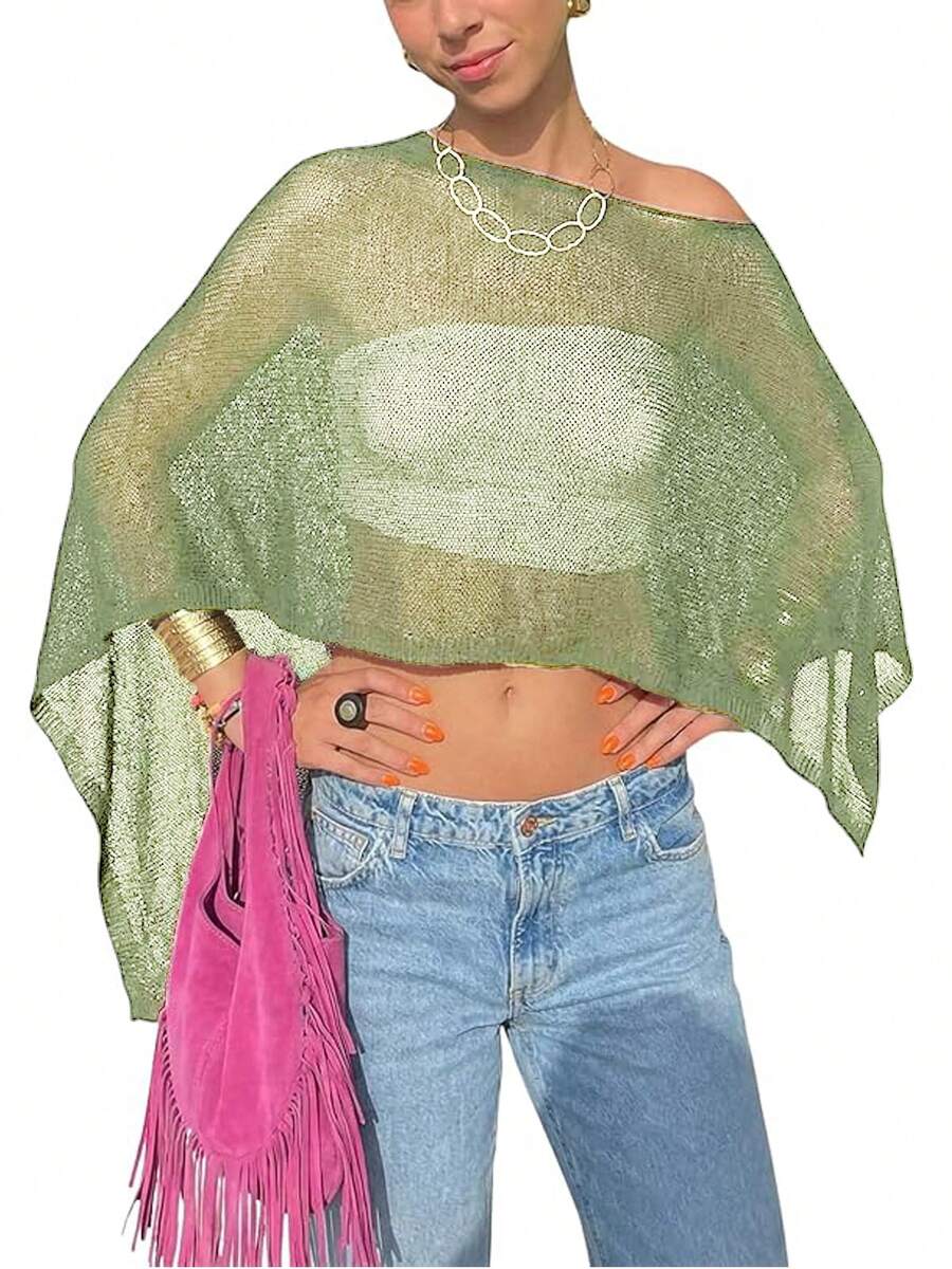 Women Sheer Mesh Poncho Top Crochet Knit Lightweight See Through Shawl Wrap Summer Oversized Loose Shrug Beachwear Swimsuit Bikini Cover Ups - 薄荷綠 - 查看 1