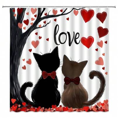 1 chiếc rèm tắm hình mèo dễ thương, màu đen và đỏ, hình cây trái tim, họa tiết tình yêu lãng mạn, đôi bạn ngọt ngào, thích hợp để trang trí vách ngăn bồn tắm, rèm tắm, phụ kiện phòng tắm.
