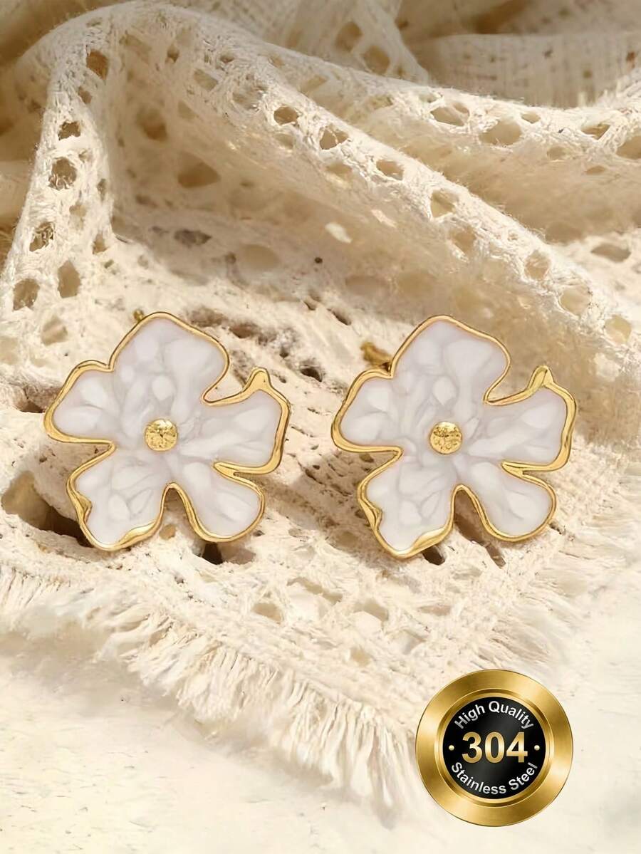 Lady's 18K Gold Plated Flower Earrings, White Resin Flower Stud Earrings, Moisture-Proof, Hypoallergenic, Made Of Stainless Steel, Fashionable And Jewelry. - Multicolor - View 1
