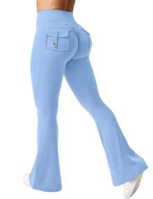 VOYJOY Flare Leggings With Pockets For Women Brittany Leggings Workout Leggings For Women Butt Lifting Gym Yoga Leggings Y2K Summer Clothes For Women - 淺藍 - 查看 6