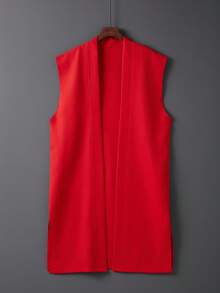 Summer European And American Retro Solid Color Street Style Mid-Length Sleeveless Cover Up, Vest, Kimono, Thin Outerwear, Suitable For Beach, Vacation, Sexy Bikini Cover-Up, Sun Protection - Red - View 1