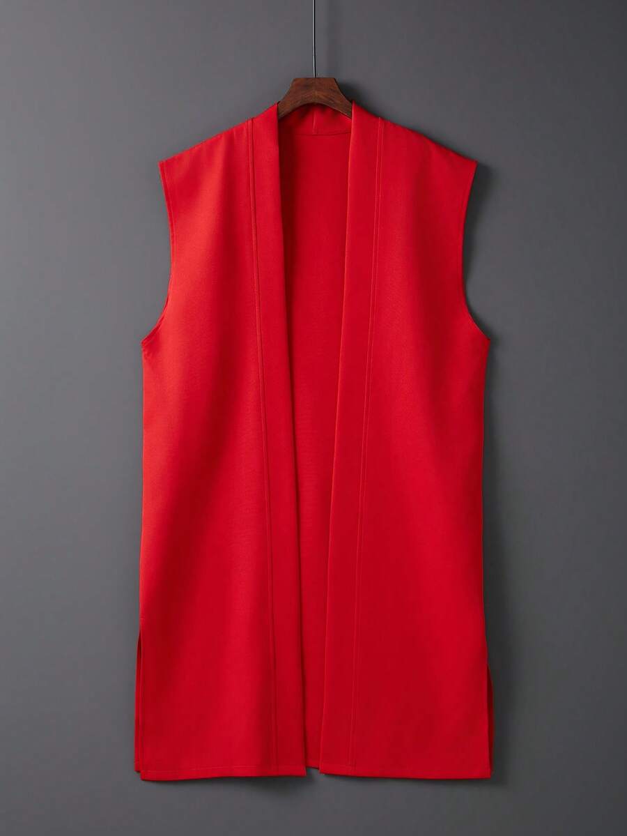 Summer European And American Retro Solid Color Street Style Mid-Length Sleeveless Cover Up, Vest, Kimono, Thin Outerwear, Suitable For Beach, Vacation, Sexy Bikini Cover-Up, Sun Protection - Red - View 1