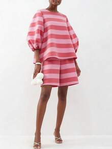 Magic Mia Romantic Striped Two-Piece Set For Women - Puff Sleeve Blouse & Matching Shorts, Loose Fit Co-Ord Set For Valentine's Dates/Birthday Vacations - Pink - View 1
